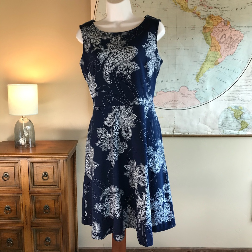 Talbots Navy and White Patterned Dress